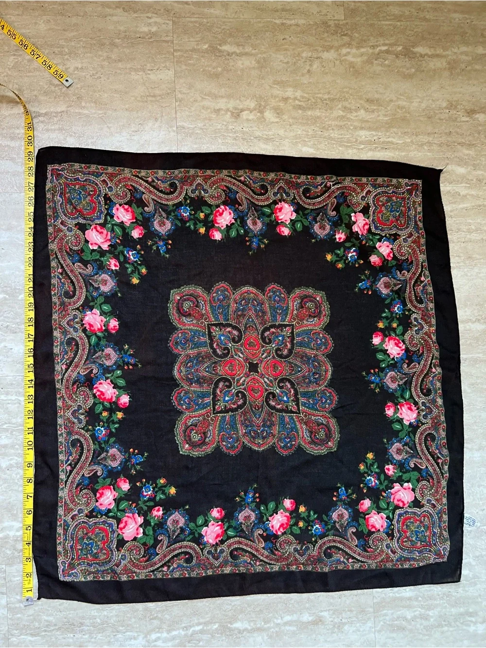 Floral Paisley Square Scarf - Black with Pink Roses Acrylic Made in Japan 29 sq